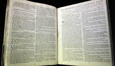 
              In this Thursday, June 28, 2012 photo is the first newspaper printing of the Declaration of Independence on July 6, 1776 in The Pennsylvania Evening Post,  according to Scott Stephenson